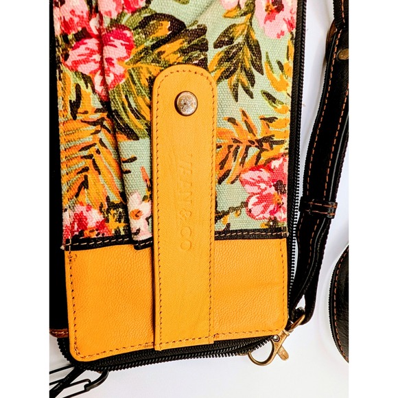 Vaan & Co Upcycled Leather Tropical Floral Crossbody Wallet Bag Yellow Black - Picture 11 of 15
